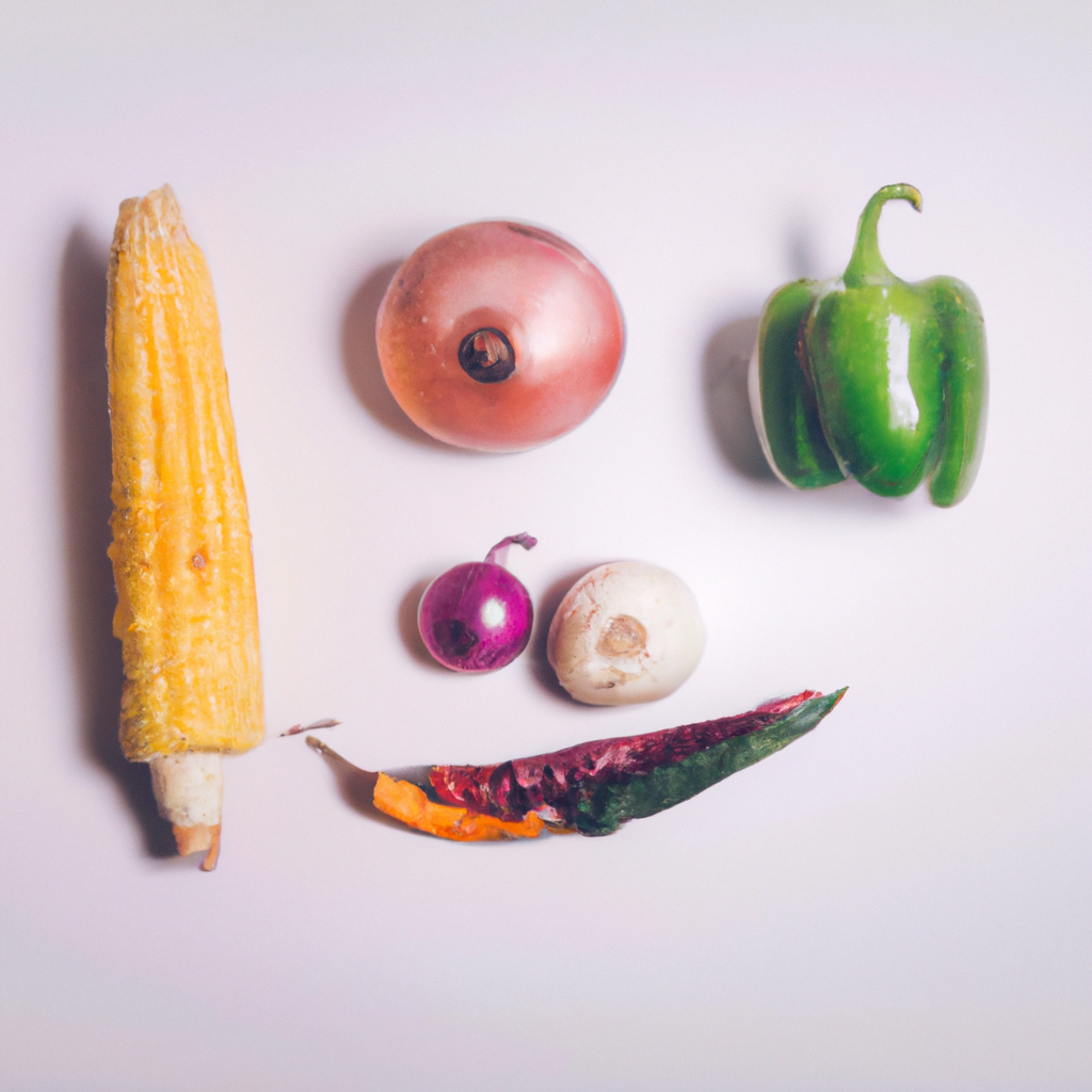 Fresh Indian toppings on white: capsicum, onion, paneer, corn, green chili - minimalist flatlay