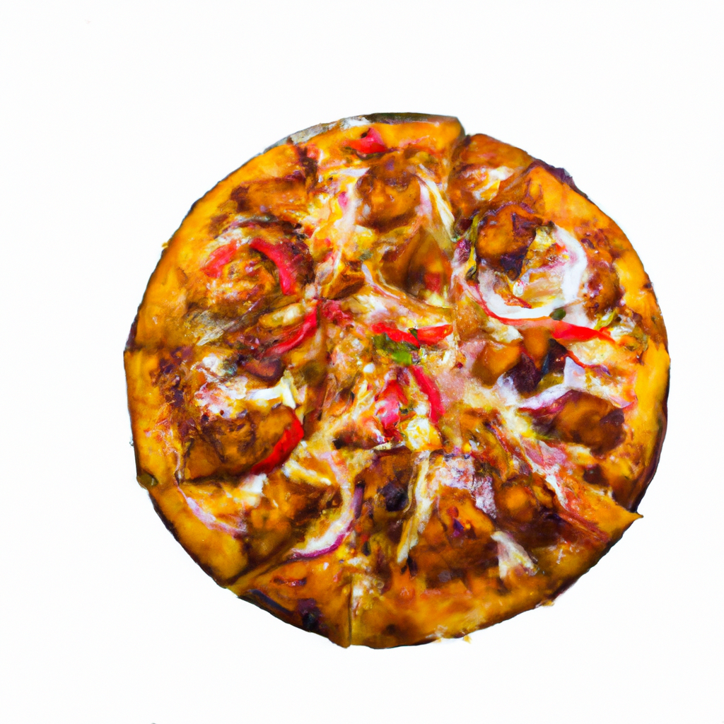 Halal Chicken Tikka Pizza top view minimalist white background high detail