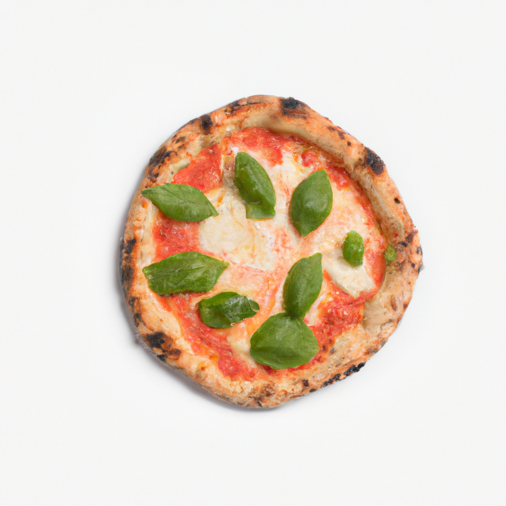 Margherita basil pizza on white background top view ultra minimalist