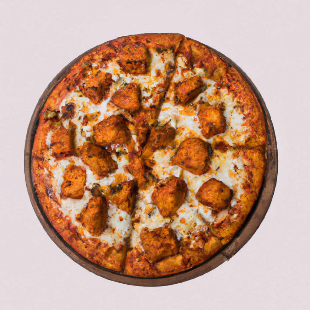 Paneer Tikka Pizza on clean white background top view high detail